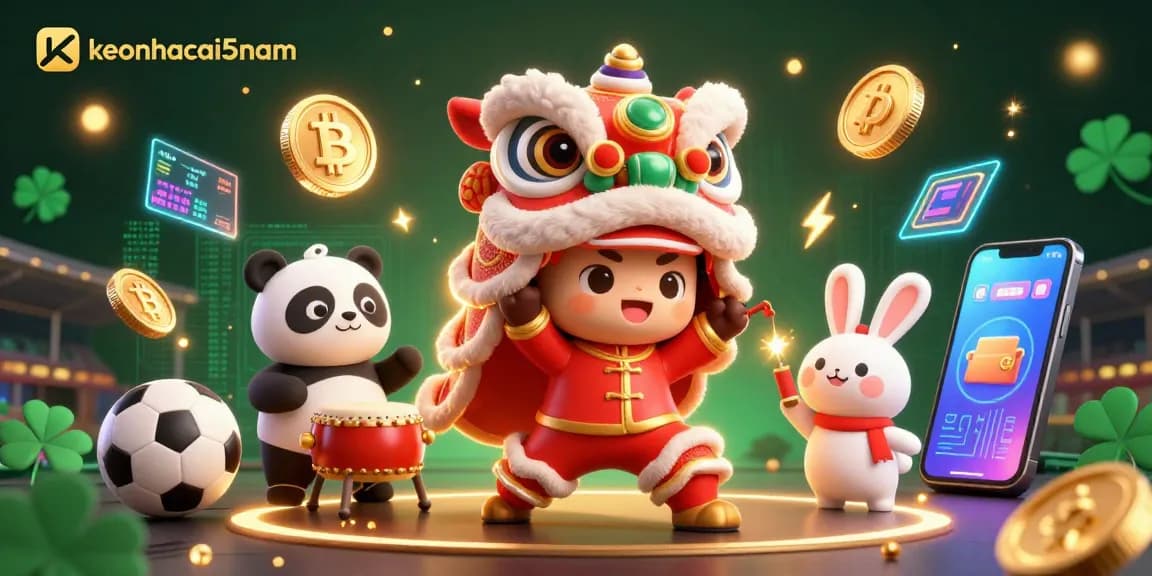 Enhance your betting strategies with keonhacai5nam, featuring a lively Chinese lion dance amid vibrant gambling-themed elements.