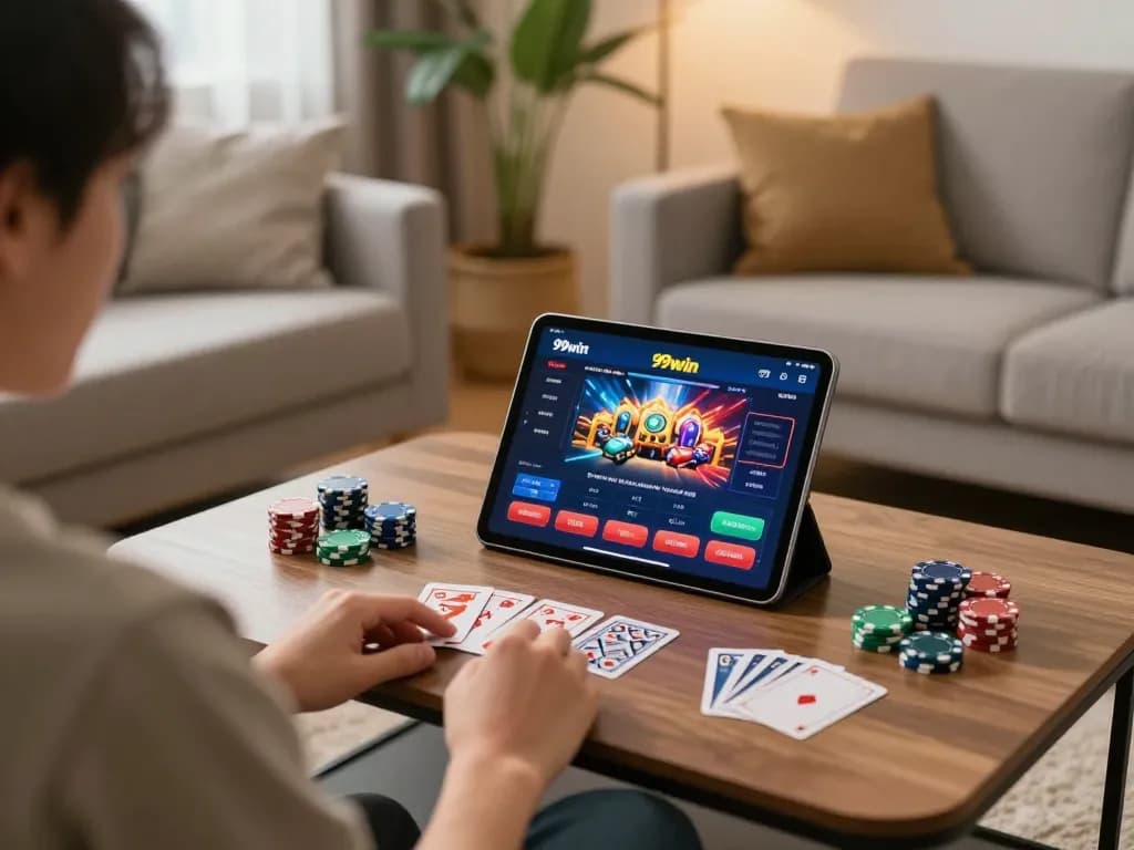 Person strategizing their next move on 99win while enjoying a cozy home gaming experience.