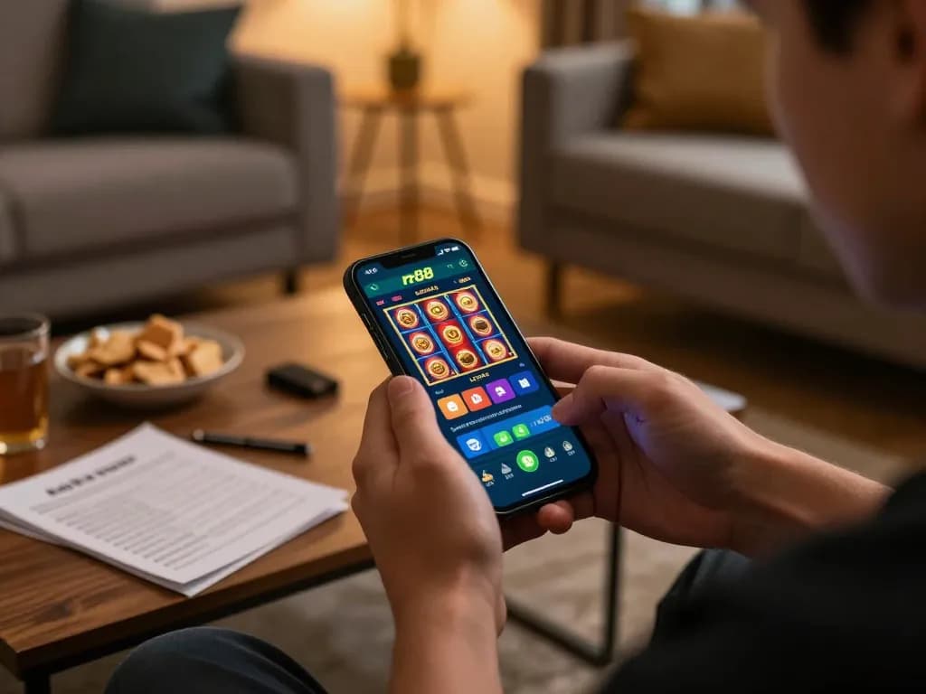Player enjoys rr88 gaming on smartphone in cozy living room environment.