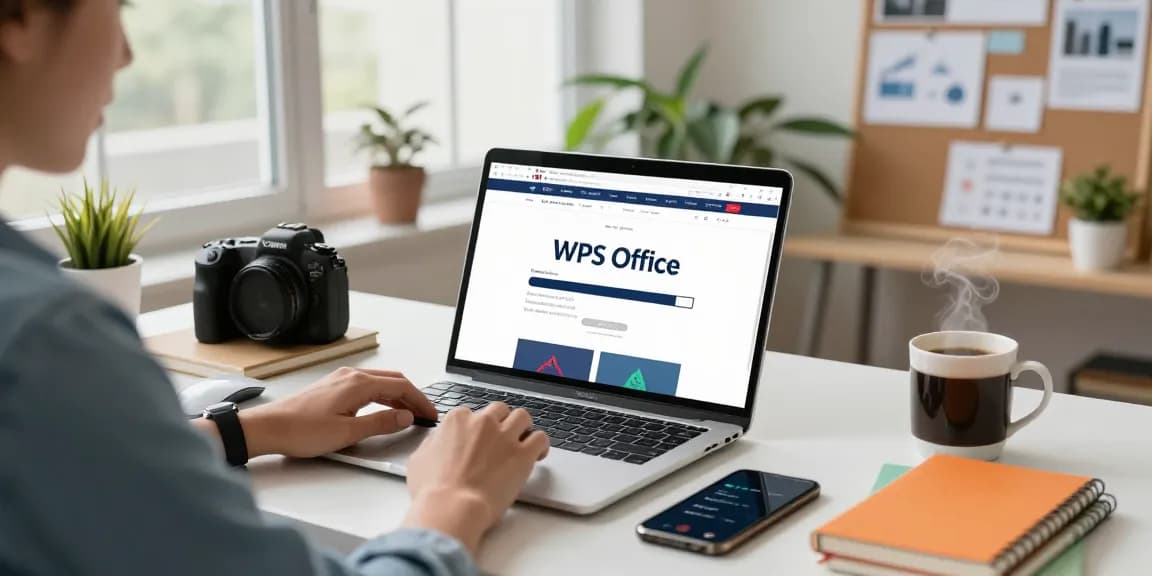 Download WPS Office on a modern laptop in a bright home office setting, showcasing productivity tools.