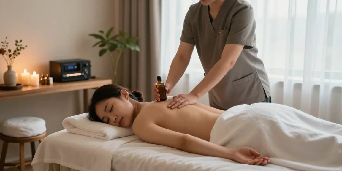 Professional therapist performing 부산스웨디시 massage in tranquil spa setting, promoting relaxation and wellness.