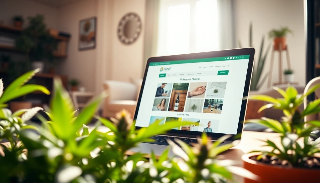 Find the best way to buy weed online with a laptop and plants in a cozy setup.