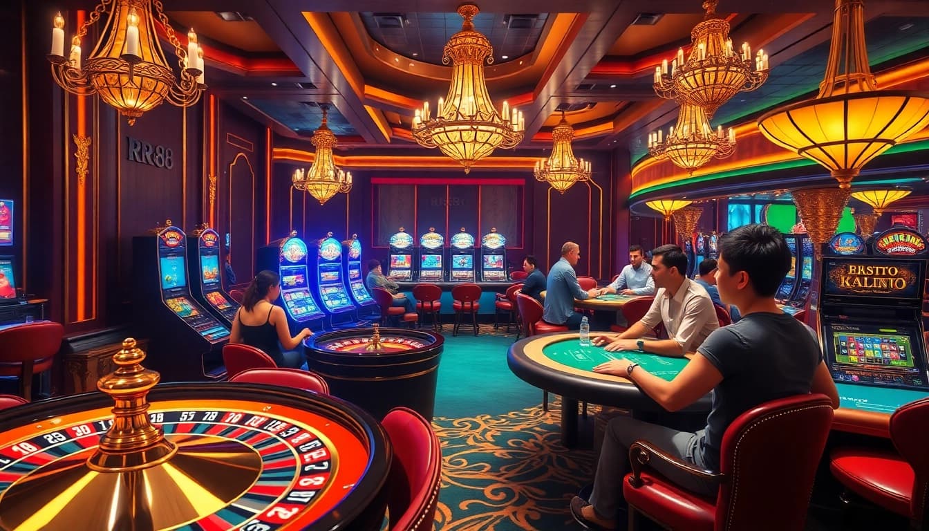 RR88 gaming scene with players at roulette and slot machines, showcasing vibrant casino atmosphere.