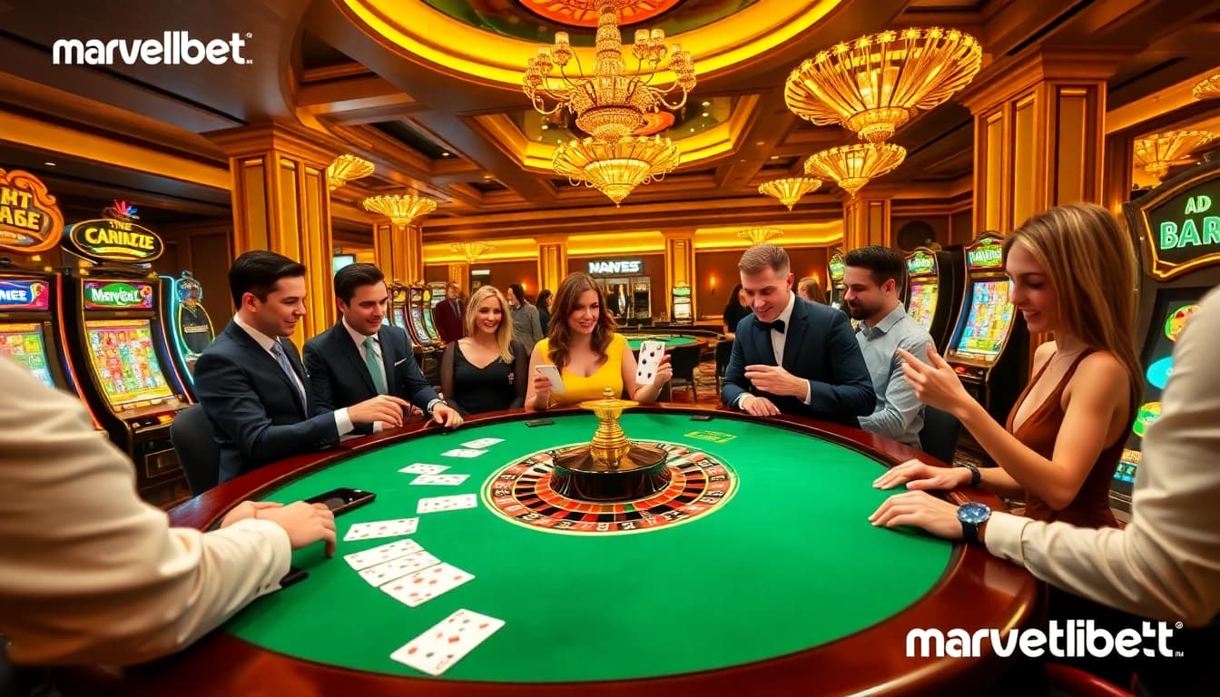 Marvelbet casino games table with vibrant slot machines and engaged players