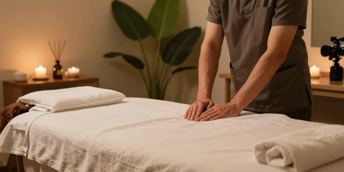 Relaxing spa scene showcasing a calm environment for 구로마사지 therapy, with a massage table and soothing ambiance.