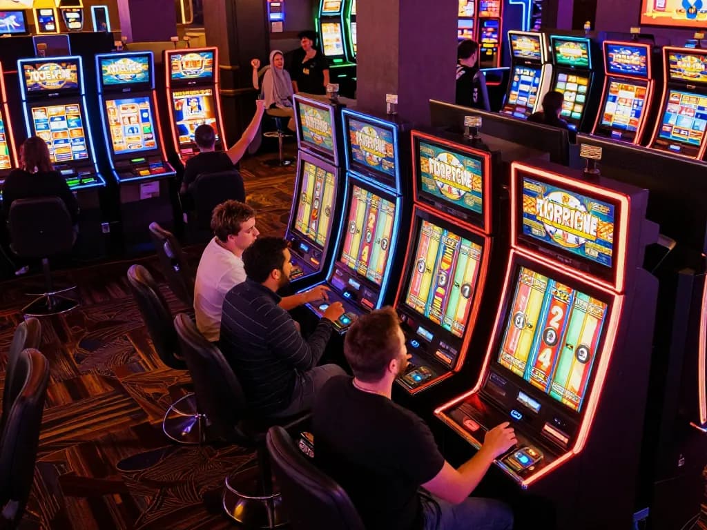 Exciting casino scene with players engaged in slot bet 100 gameplay, vibrant machines spinning.