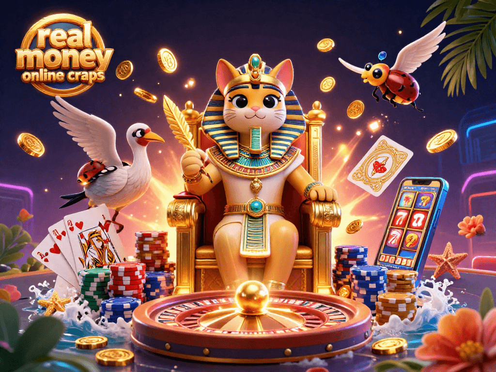 Play real money online craps with excitement as an Egyptian pharaoh cat rules the casino throne.