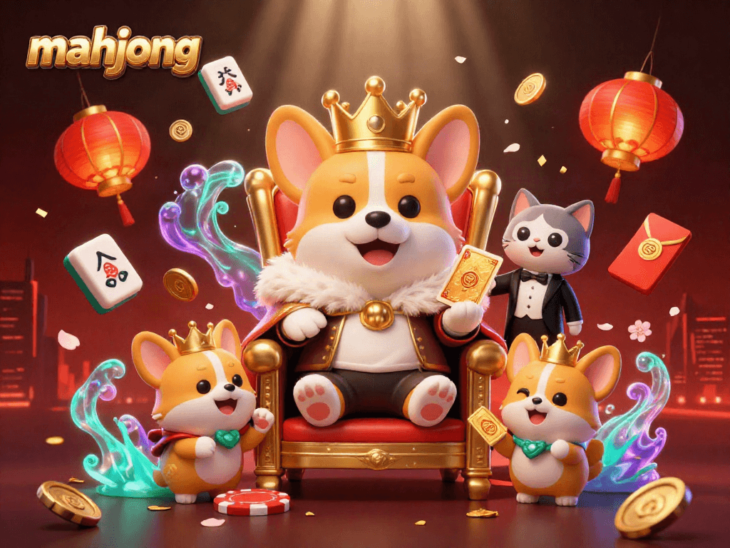 Experience mahjong with a royal corgi and cat butler in a vibrant casino-themed illustration.