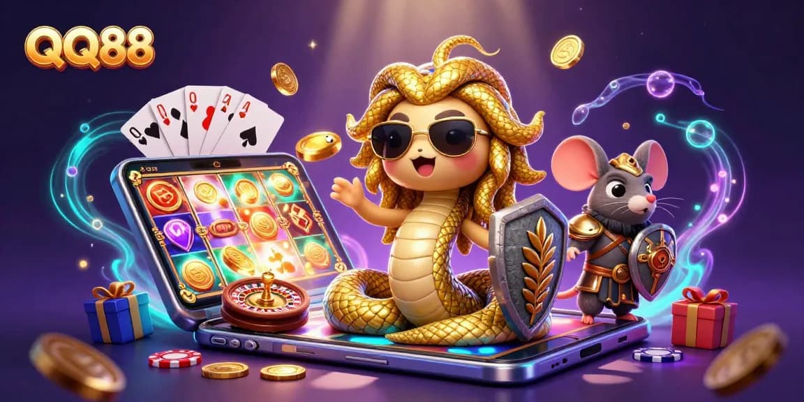 Experience the thrill of QQ88 with exciting casino elements and animated characters in a vibrant setting.