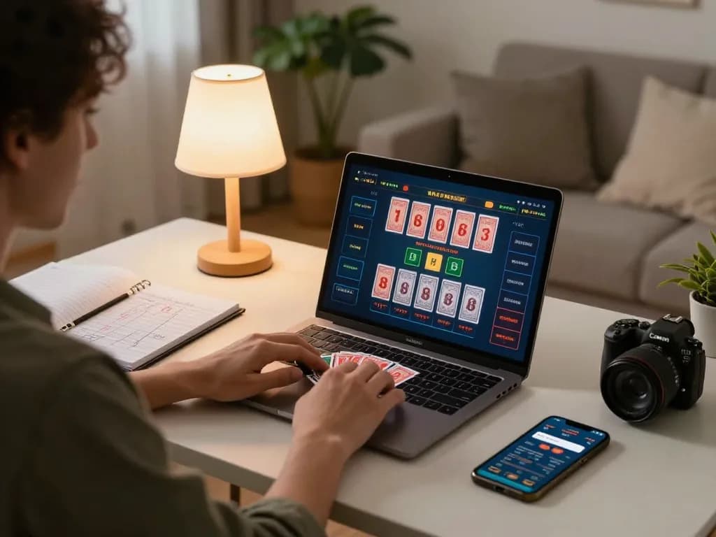 Engaged gambler playing online baccarat through nhà cái fly88 on laptop in a cozy home setting.