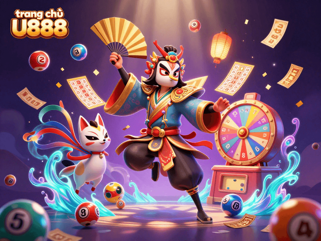 Experience exciting wins with vibrant lottery elements and "trang chủ U888" high-energy illustration.
