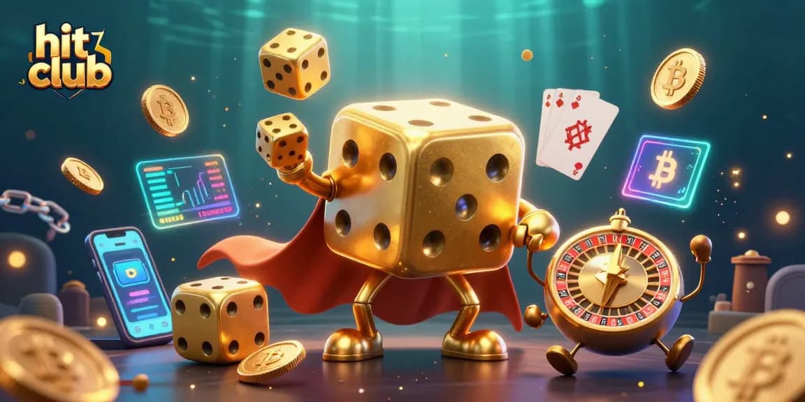 Experience excitement with "hit club" as golden dice interact with vibrant crypto elements in a dazzling casino scene.