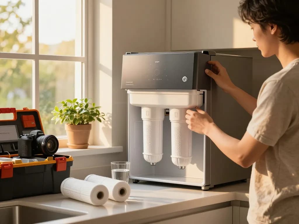 Installation of Overbest OB6013 Replacement for GE® MWF® water filter in a sunlit kitchen.