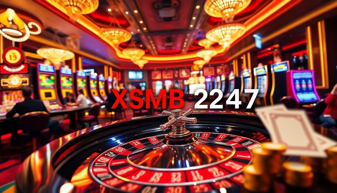XSMB 247 players engaging in an exciting casino scene with roulette and poker elements.