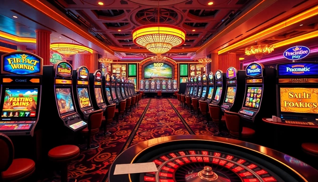Experience the thrill of slot pragmatic play in a luxurious casino atmosphere, complete with vibrant machines and tables.