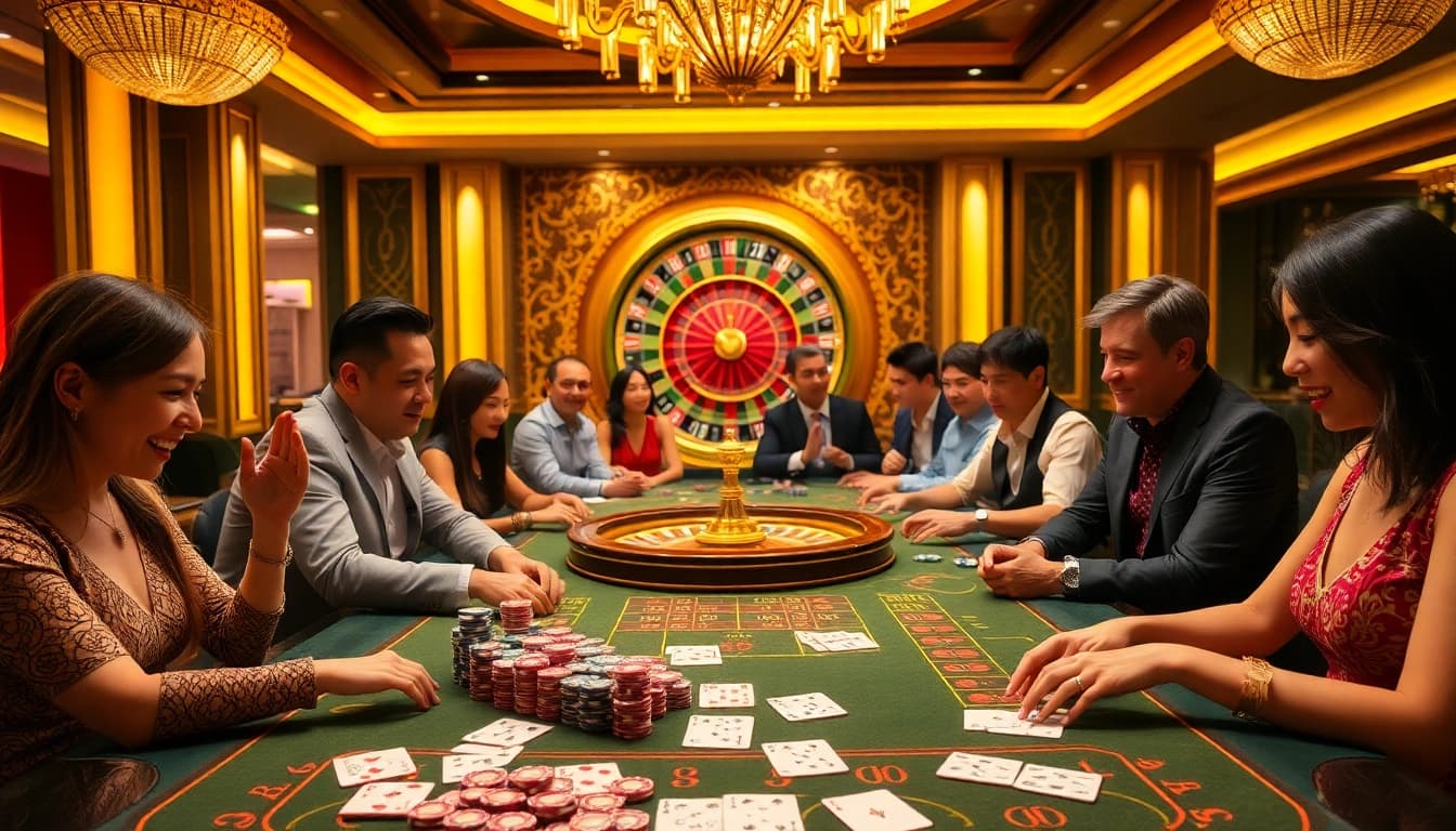 Excited gamblers enjoying a thrilling moment at the NOHU90 casino table, showcasing cards and chips.