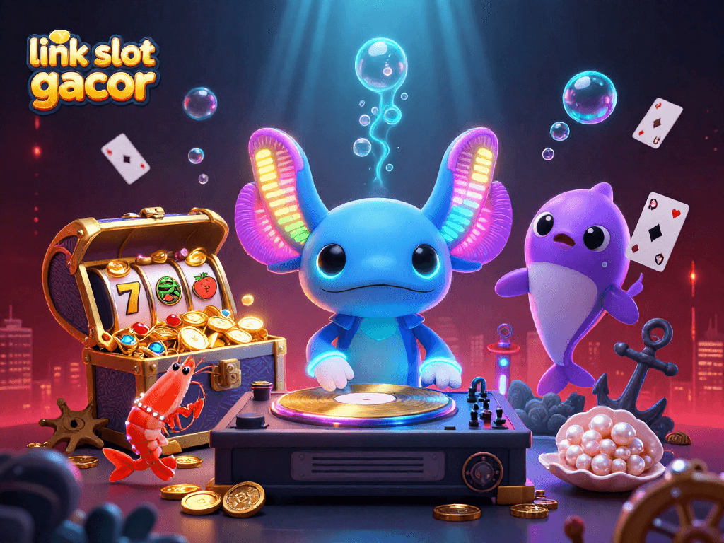 Engage with link slot gacor while dancing with a neon axolotl DJ and vibrant sea creatures in a dynamic underwater casino.
