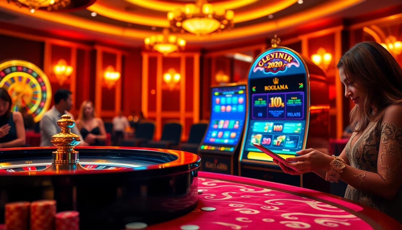 Khela88 লগইন করুন at an exciting online casino scene featuring vibrant slot machines and poker elements.