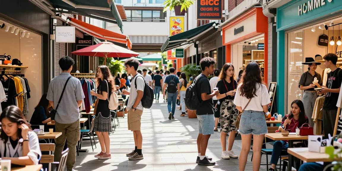 Dynamic urban shopping atmosphere at https://forumup.org/shop/search.php?ca_id=&addr1=&addr2=&addr3=&schKeyword= with stylish customers engaging in trendy boutiques.