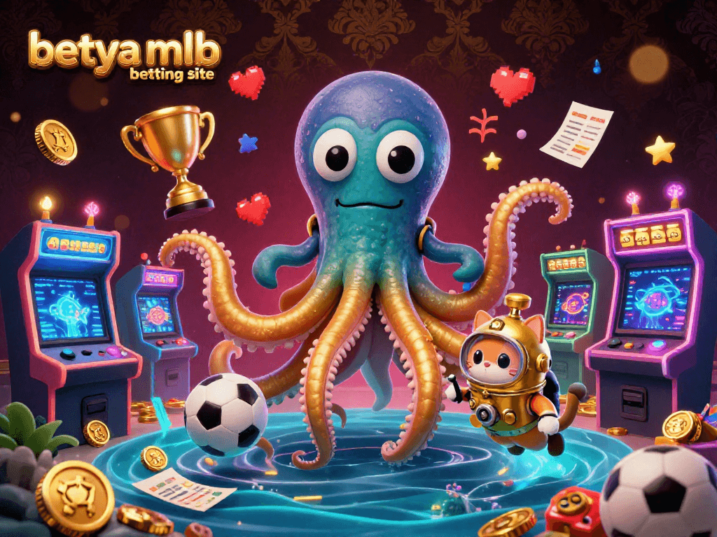 Betya MLB betting site features dynamic sports elements with a cartoon kraken and immersive gaming visuals.
