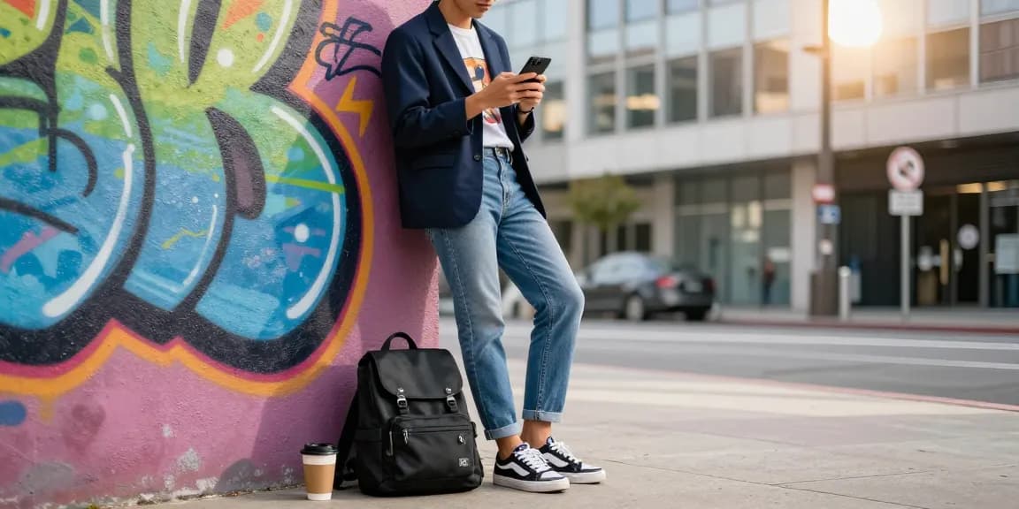 Stylish person checking https://shs-dome5.com/ trends against a colorful graffiti wall in a vibrant city.