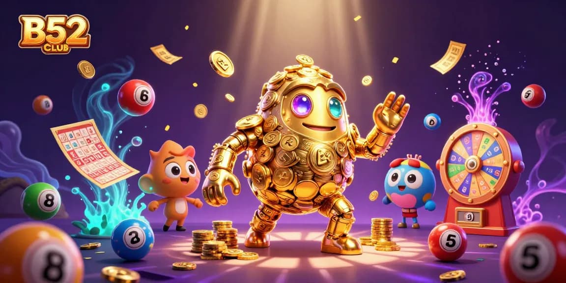 B52CLUB rewards players in a vibrant gambling universe with golden golem, slot symbols, and dynamic lottery elements.