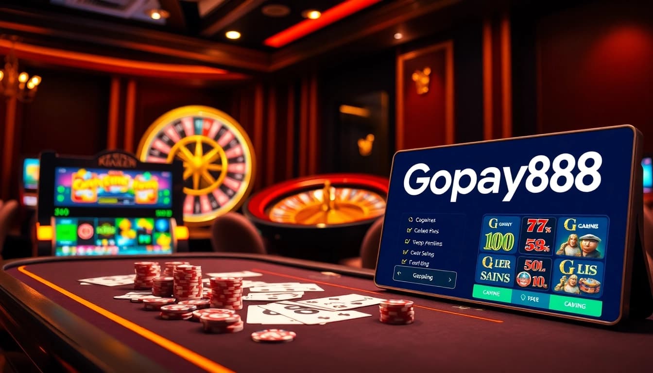 Experience the thrill of winning with Gopay88 at an elegant casino table full of poker chips.