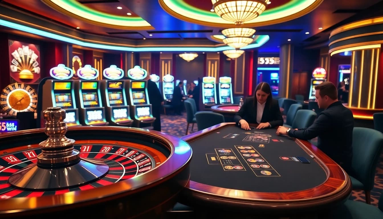 Experience the thrilling ambience of the 555win casino filled with vibrant slot machines and a luxurious roulette wheel.