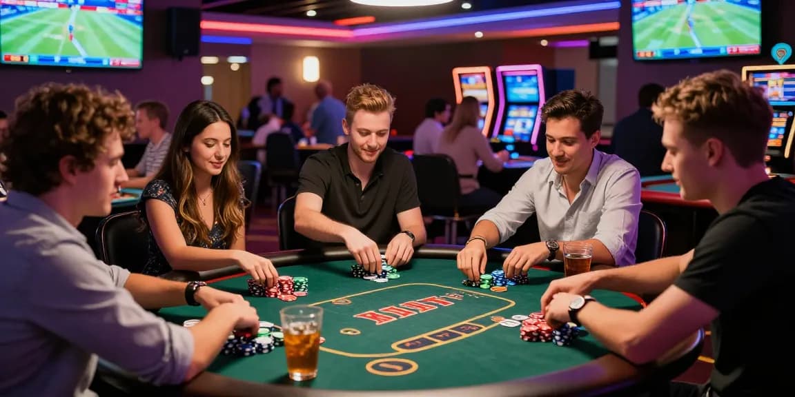 Friends playing poker at a vibrant casino, showcasing rokok88 excitement and social engagement.