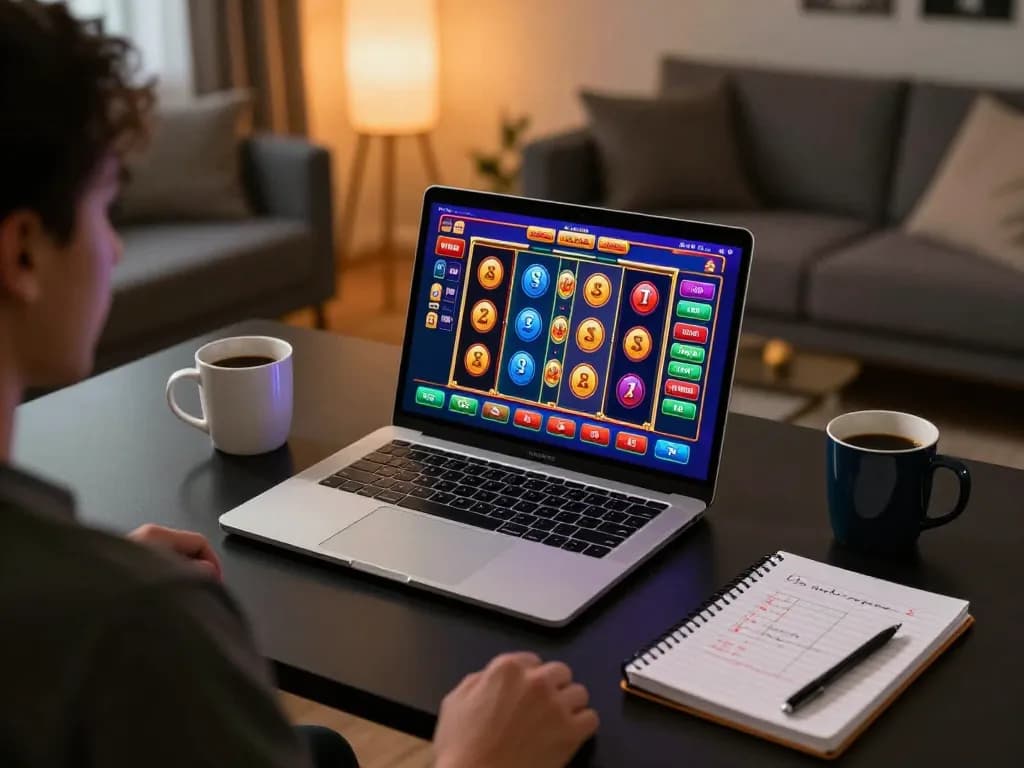 Engaging slot 10rb gameplay on a sleek laptop at home, showcasing a vibrant online casino experience.