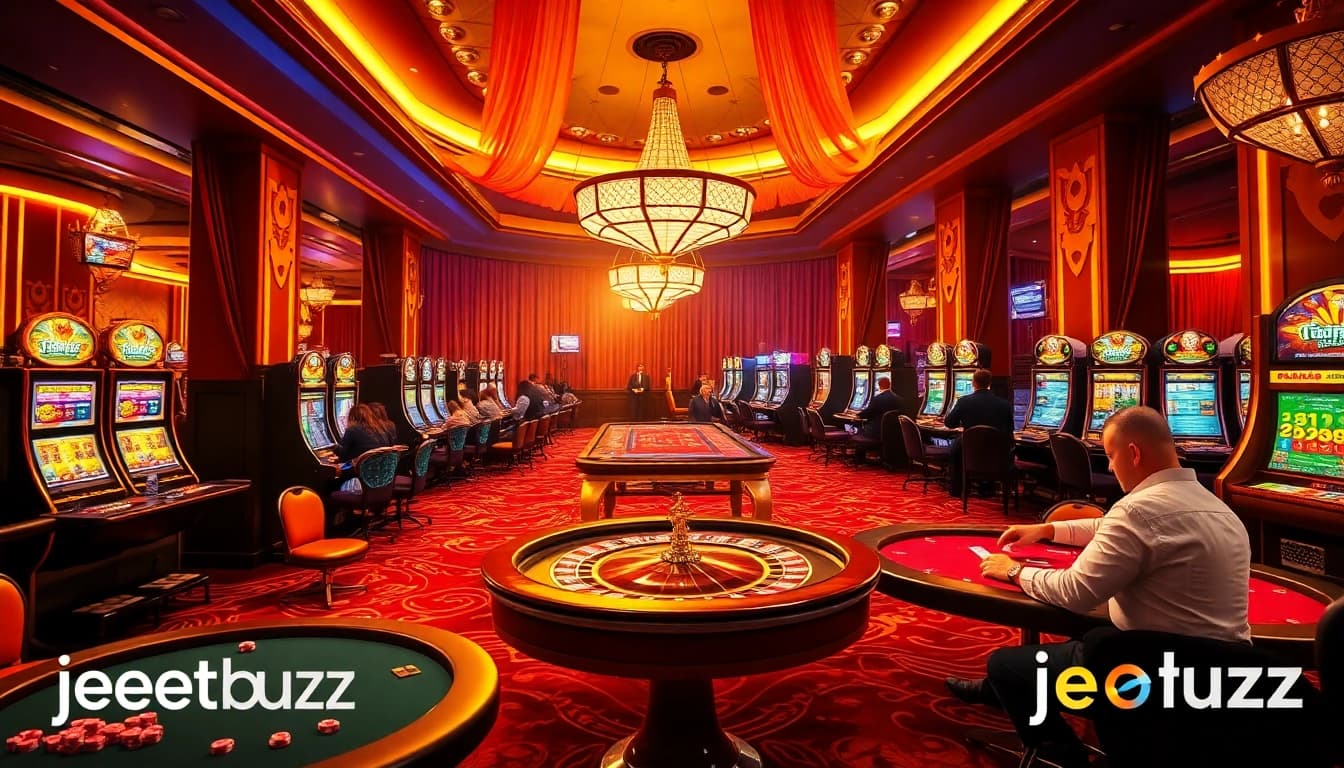 Players enjoying high-stakes games at jeetbuzz casino with vibrant tables and colorful chips.
