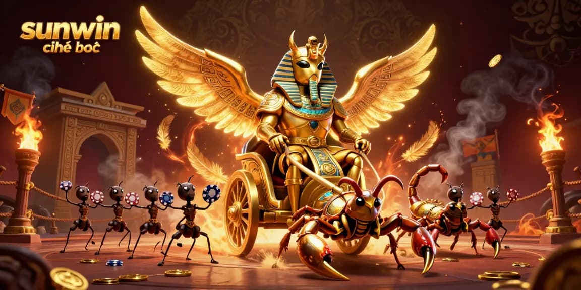 Experience the excitement with sunwin chính thức as a colossal golden scarab beetle leads a thrilling chariot race.