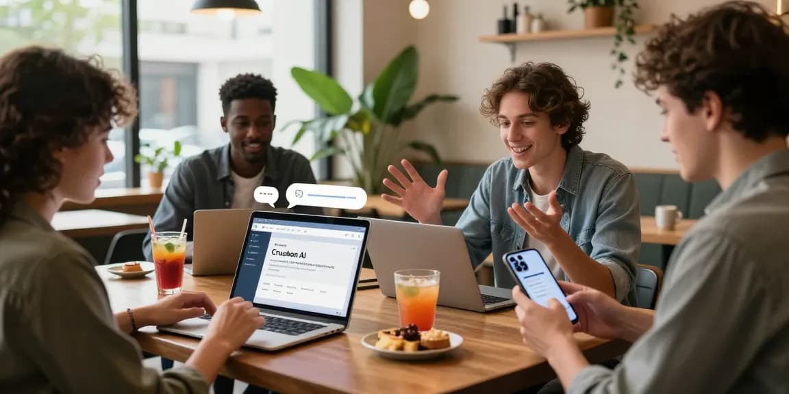 Users connecting through Crushon AI in a vibrant café setting, showcasing engaging digital interactions and modern tech.