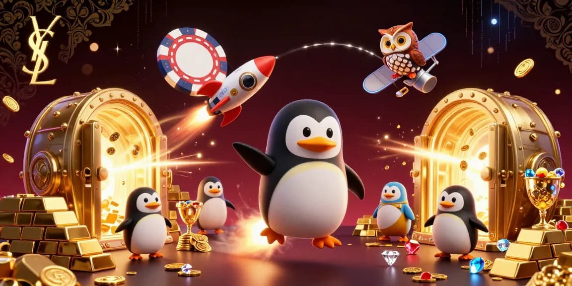 Engage with the ysl casino experience as a golden penguin rockets to a poker chip station amidst treasure glimmers.