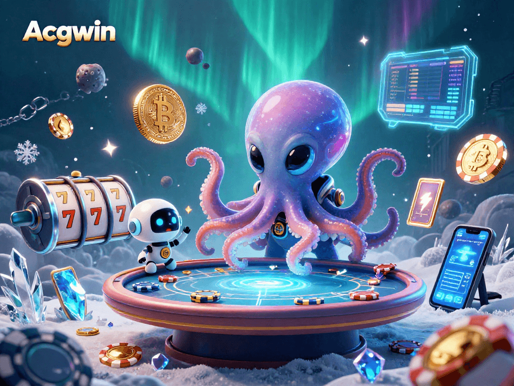 Engage with Acgwin in a bustling 3D casino scene featuring an alien octopus and crypto elements