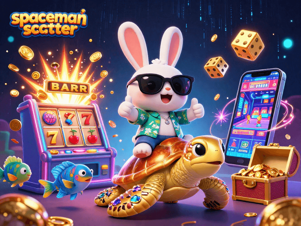 Engage with spaceman scatter as the lucky rabbit rides a turtle amid dynamic casino elements exploding with wins.