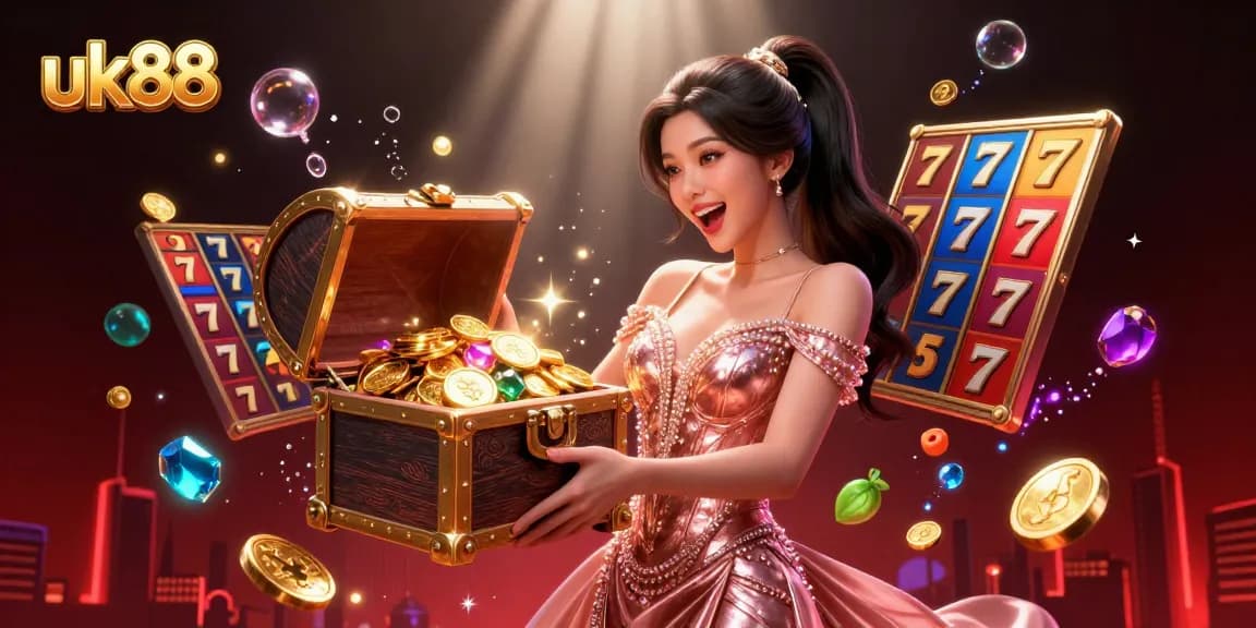 Experience the excitement of uk88 with a striking digital scene showcasing thrilling casino elements and vibrant treasures.