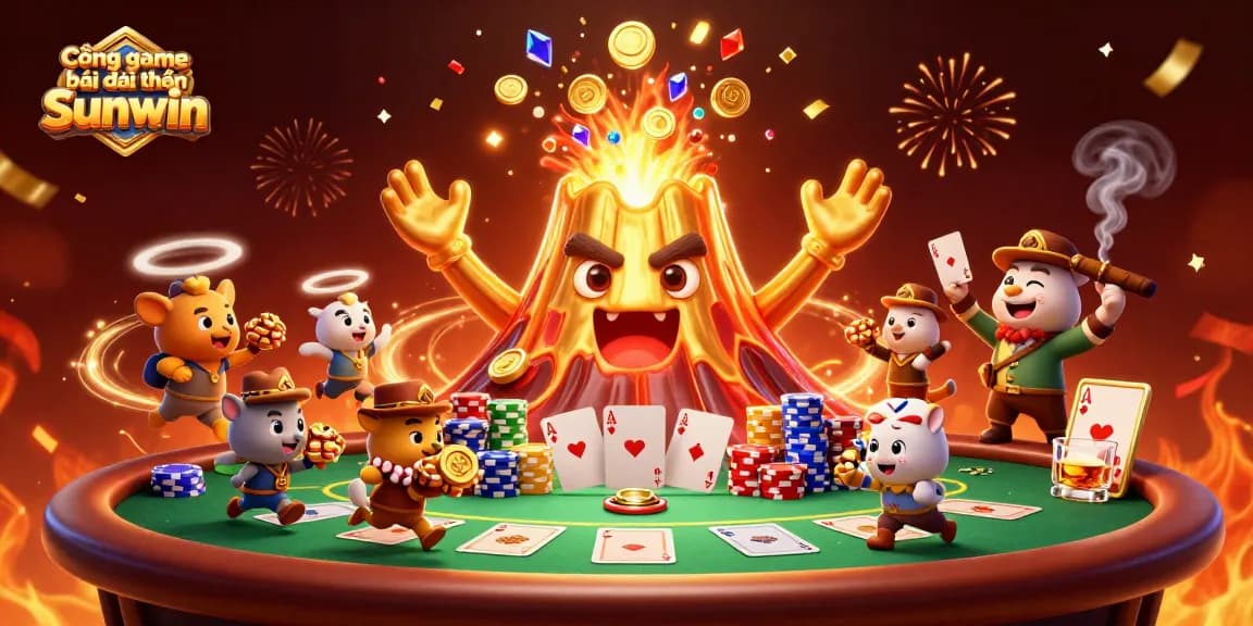 Cổng game bài đổi thưởng Sunwin showcases a humorous golden volcano erupting treasure, attracting players to the casino.
