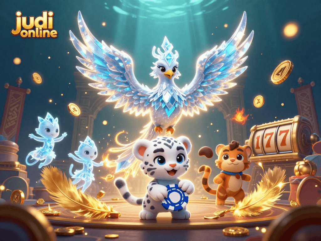 Engage in judi online thrill with a vibrant, lively casino scene featuring an ice phoenix and playful elements.