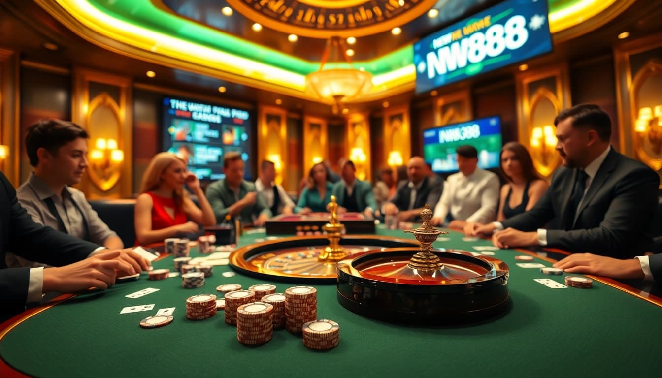 Engaged players strategizing at a table featuring New888 poker chips and cards.