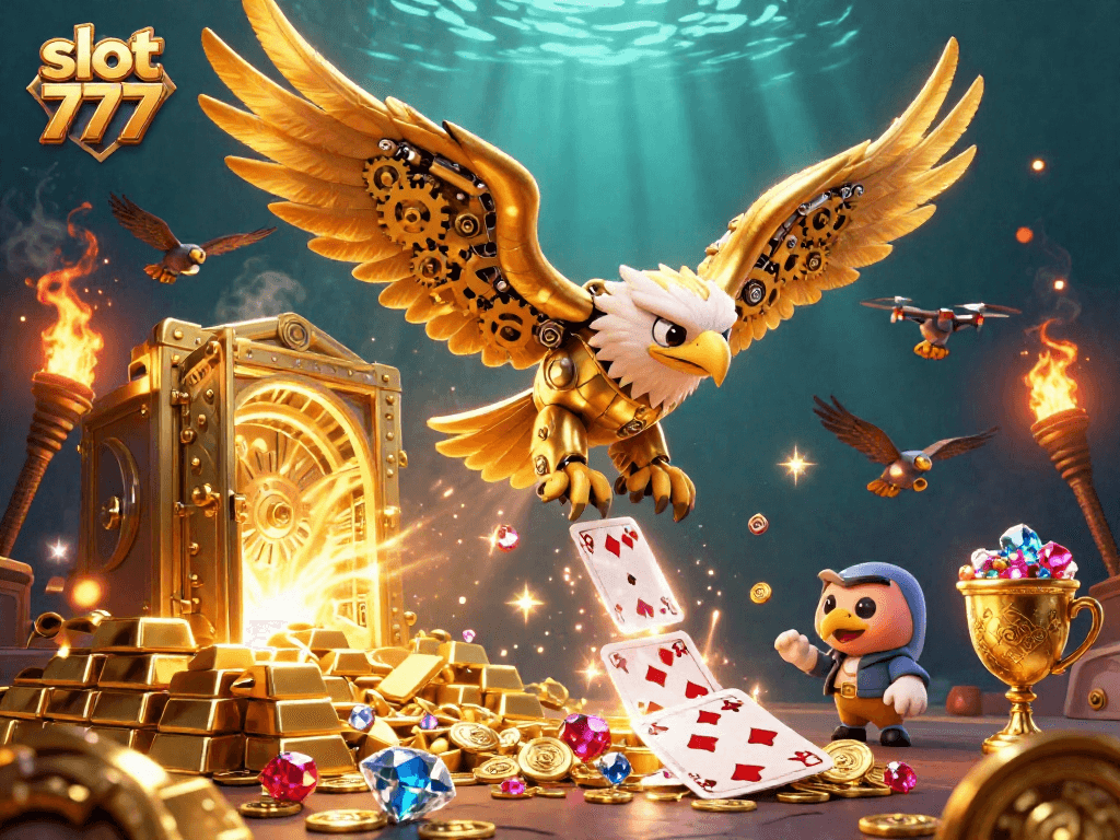 Engage with slot 777 as the cybernetic eagle dives through a wealth of treasures in a dynamic casino scene.