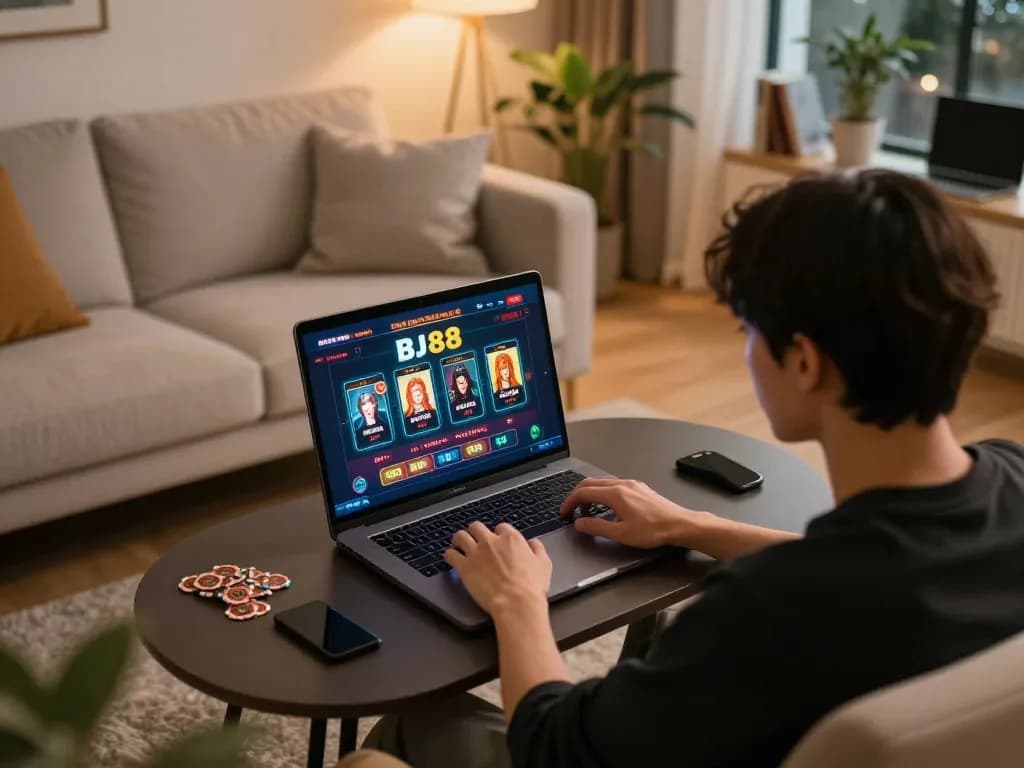 Person gaming on the BJ88 online casino platform in a cozy home environment
