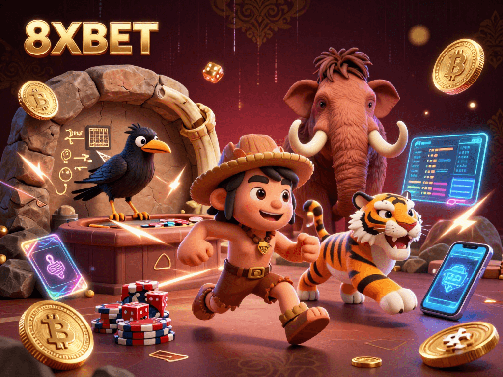 Engage with the vibrant 8XBET casino scene featuring prehistoric characters and crypto elements in a dynamic 3D illustration.