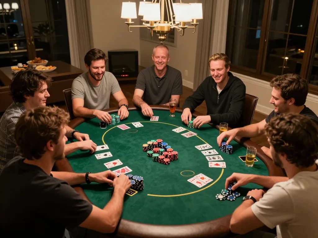 Friends strategically placing dark web links during a lively poker game at home, colorful chips and cards displayed.