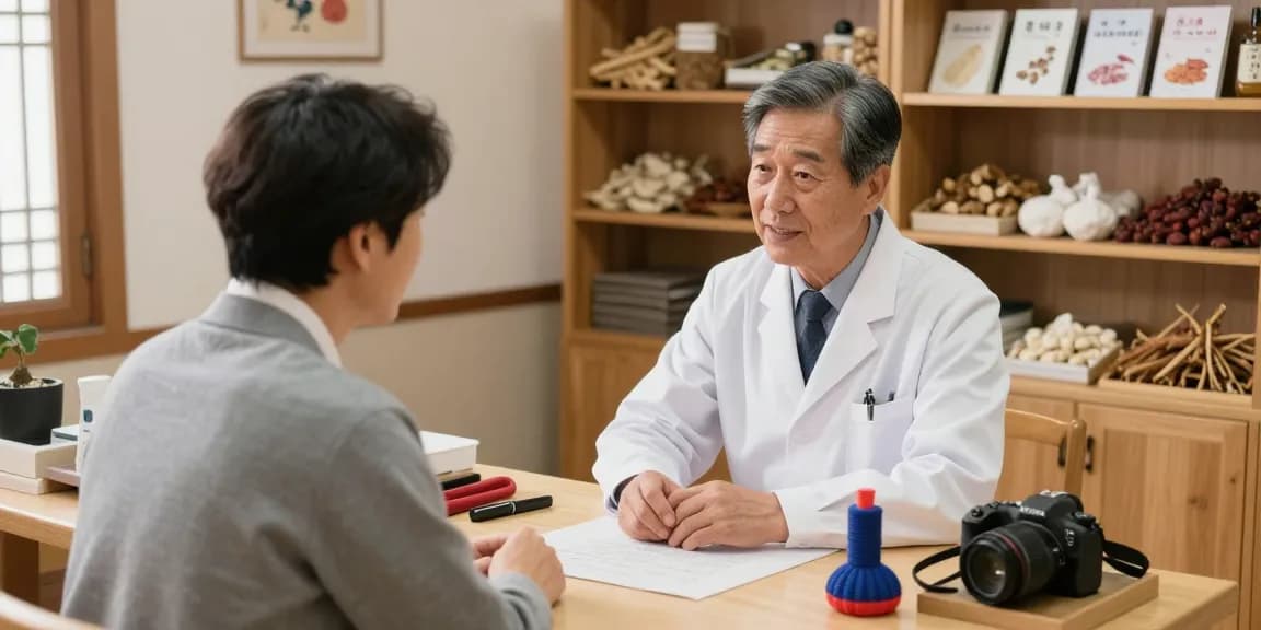 Consultation at 수원교통사고한의원, hanbang doctor advising on recovery from traffic accident.