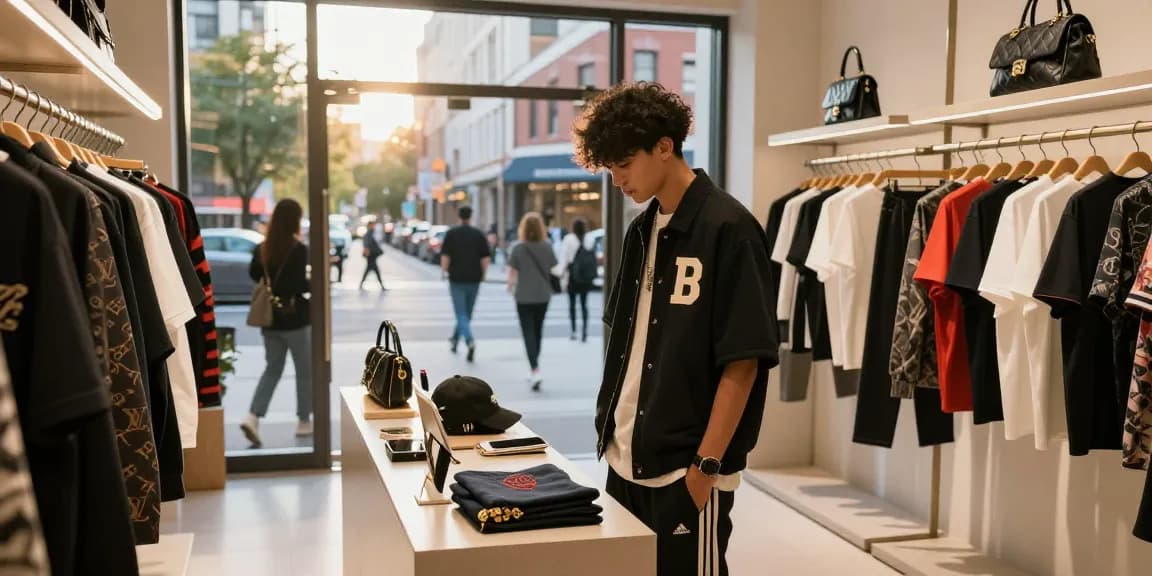Shopping experience showcasing high-quality 레플리카 쇼핑몰 items in a trendy urban boutique.