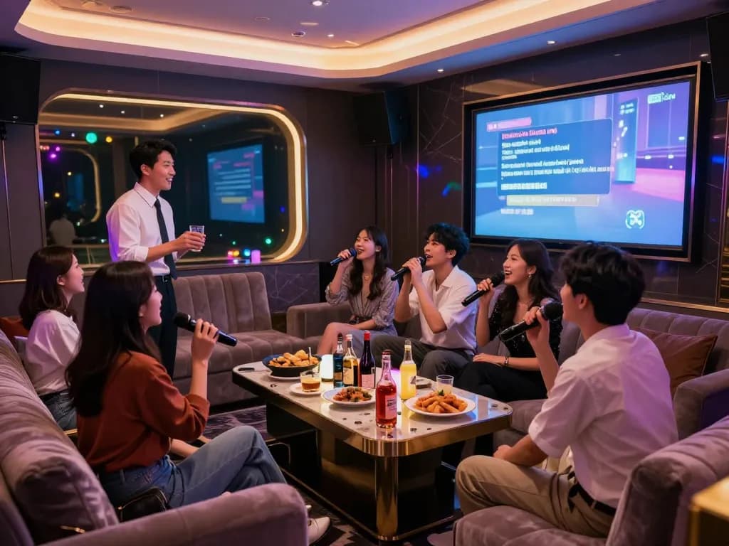 Enjoying a night at 강남 가라오케 with friends in a luxurious private room, vibrant lighting, and premium drinks.