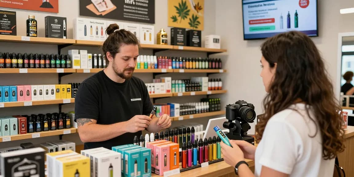 THC Vapes Deutschland in modernen Vaping-Stores, kundenfreundliche Atmosphäre.
