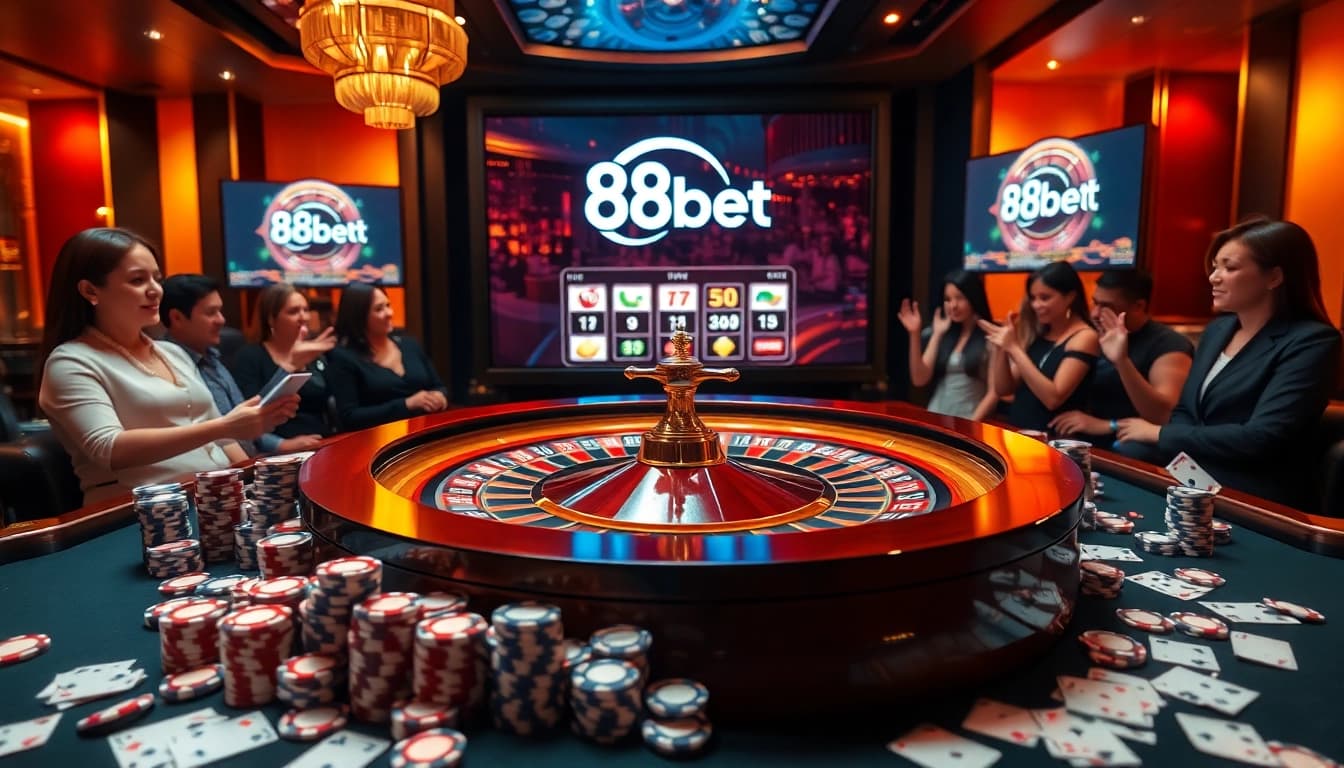 Engage in thrilling gameplay at 88bet's vibrant casino layout with poker chips and roulette wheels.