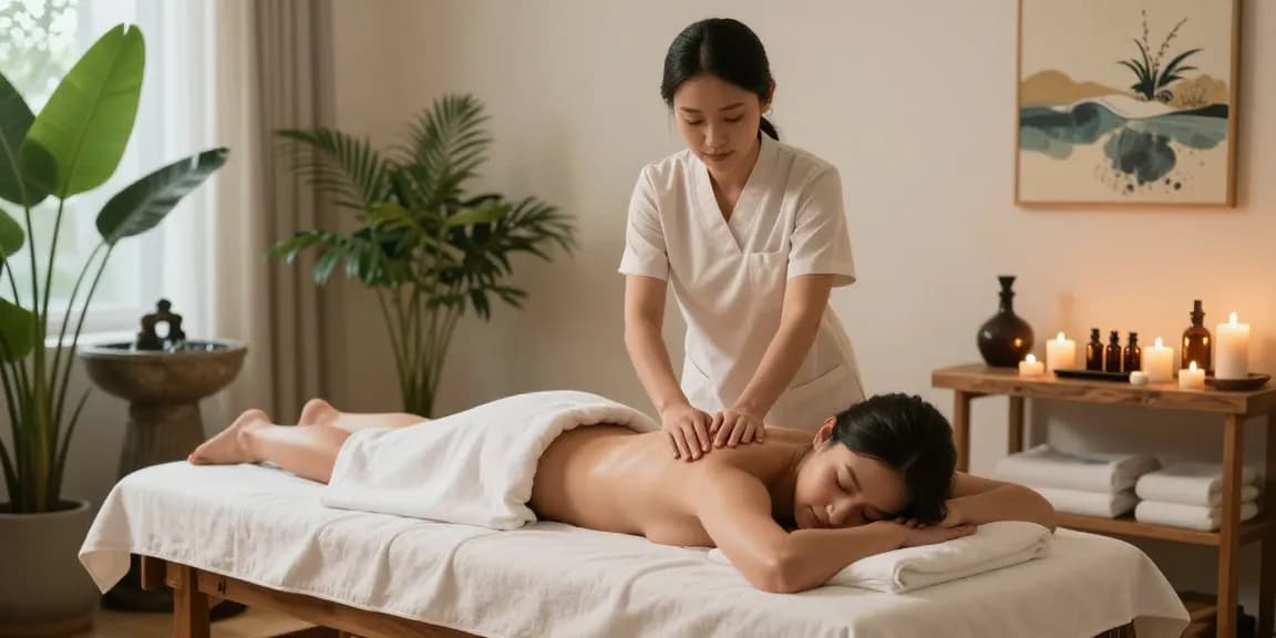 Relaxing 마사지 session in a serene wellness spa atmosphere with lush plants and soothing elements.